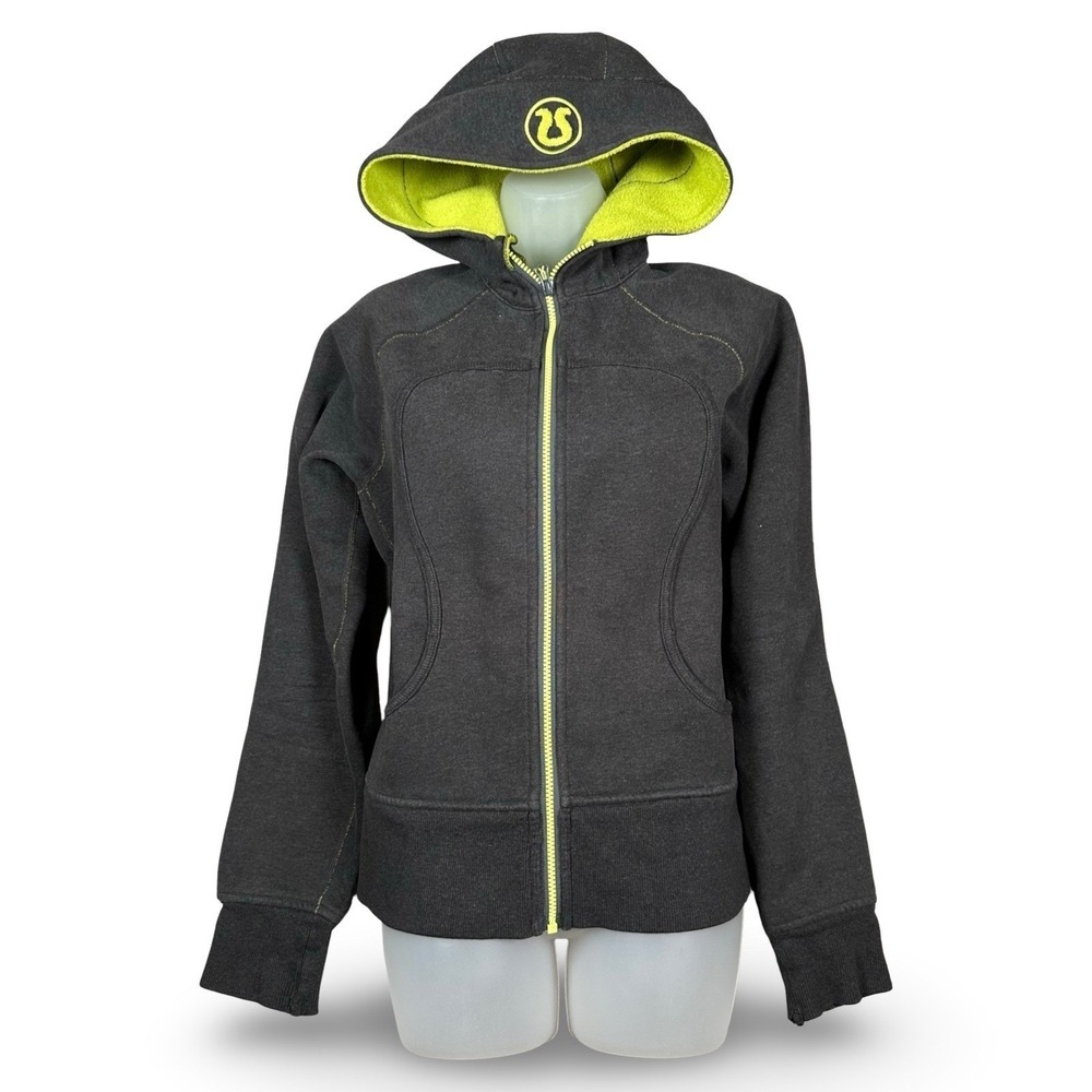 Lululemon Scuba Full Zip Hoodie Womens 10 Gray Neon Yellow Rare 2010s